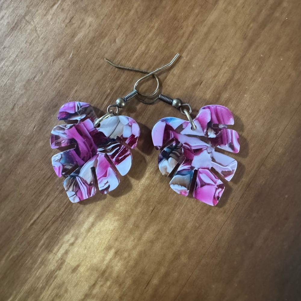 Pink and White Leaf Earrings